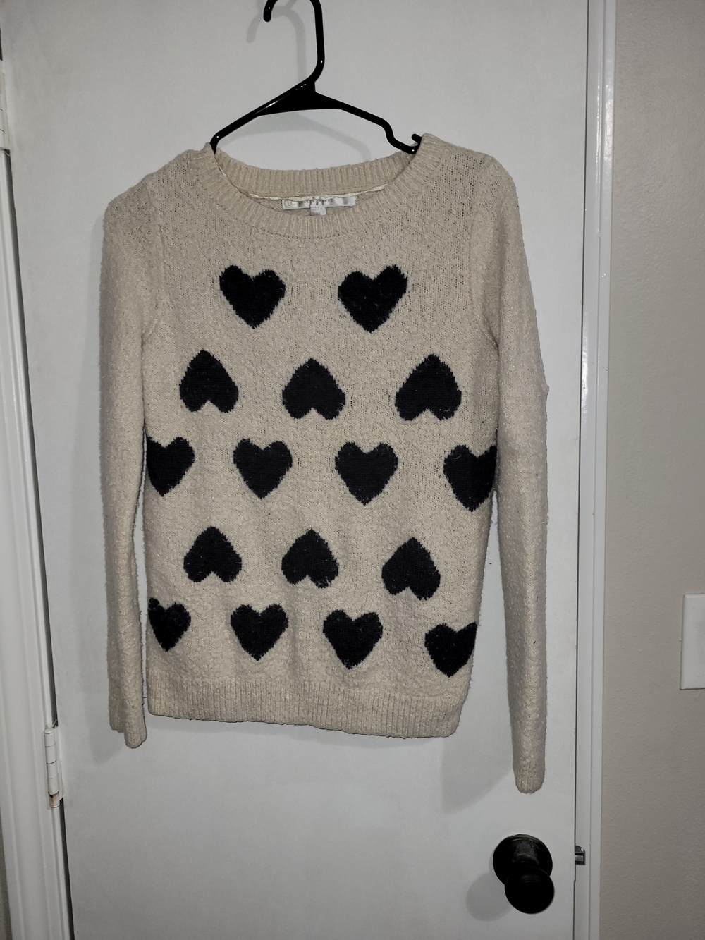 LC Lauren Conrad Cream Crewneck Sweater with Black Heart Pattern